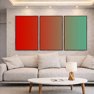 Trio de Quadros Abstrato Degradê Verde Turquesa Vermelho Tijolo Canvas Moldura