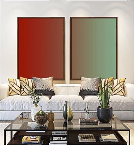 Duo de Quadros Abstrato Degradê Verde Turquesa Vermelho Tijolo Canvas Moldura