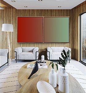 Duo de Quadros Quadrados Abstrato Degradê Verde Turquesa Vermelho Tijolo Canvas Moldura