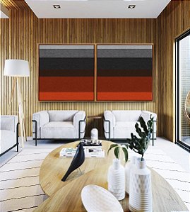 Duo de Quadros Quadrados Abstrato Listras Cinza Laranja Textura Canvas Moldura