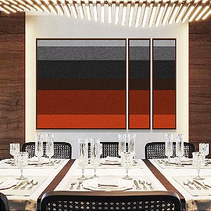 Trio de Quadros Estilizados Abstrato Listras Cinza Laranja Textura Canvas Moldura