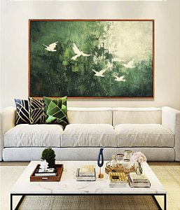 Quadro Horizontal Pássaros Voando Arte Abstrato Verde Branco Canvas Moldura
