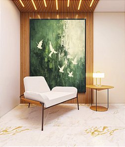 Quadro Vertical Pássaros Voando Arte Abstrato Verde Branco Canvas Moldura