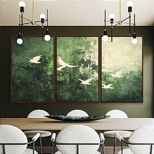 Trio de Quadros Pássaros Voando Arte Abstrato Verde Branco Canvas Moldura