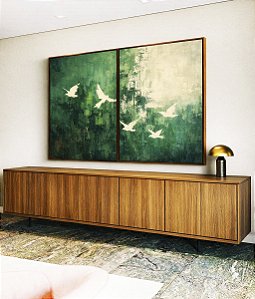 Duo de Quadros Pássaros Voando Arte Abstrato Verde Branco Canvas Moldura