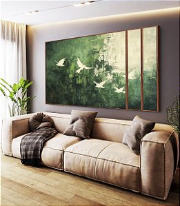 Trio de Quadros Estilizados Pássaros Voando Arte Abstrato Verde Branco Canvas Moldura