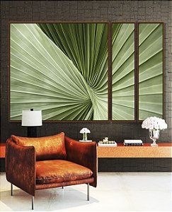 Trio de Quadros Estilizados Folha Verde Textura Linhas Naturais Macro Minimalista Canvas Moldura