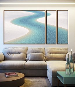 Trio de Quadros Estilizados Praia Dunas Areia Branca Água Turquesa Canvas Moldura