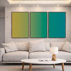Trio de Quadros Abstrato Degradê Verde Turquesa Azul Canvas Moldura