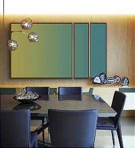 Trio de Quadros Estilizados Abstrato Degradê Verde Turquesa Azul Canvas Moldura