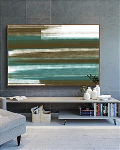 Quadro Horizontal Abstrato Tons de Verde Oliva Turquesa Branco Canvas Moldura