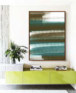 Quadro Vertical Abstrato Tons de Verde Oliva Turquesa Branco Canvas Moldura