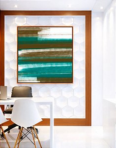 Quadro Quadrado Abstrato Tons de Verde Oliva Turquesa Branco Canvas Moldura