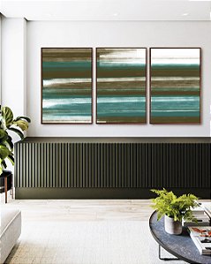 Trio de Quadros Abstrato Tons de Verde Oliva Turquesa Branco Canvas Moldura