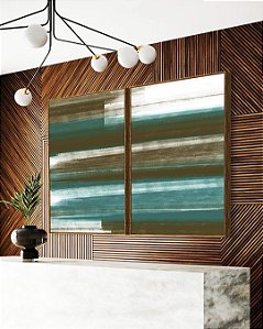 Duo de Quadros Abstrato Tons de Verde Oliva Turquesa Branco Canvas Moldura