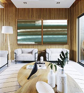 Duo de Quadros Quadrados Abstrato Tons de Verde Oliva Turquesa Branco Canvas Moldura