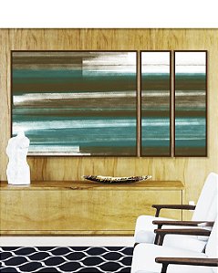 Trio de Quadros Estilizados Abstrato Tons de Verde Oliva Turquesa Branco Canvas Moldura