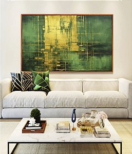 Quadro Horizontal Abstrato Verde Escuro Dourado Efeito Pintura Canvas Moldura