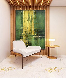 Quadro Vertical Abstrato Verde Escuro Dourado Efeito Pintura Canvas Moldura