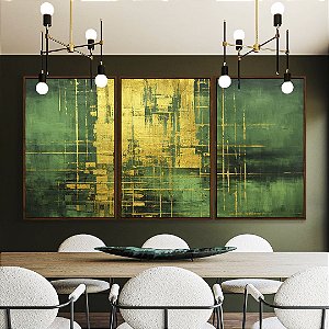Trio de Quadros Abstrato Verde Escuro Dourado Efeito Pintura Canvas Moldura