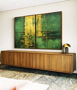 Duo de Quadros Abstrato Verde Escuro Dourado Efeito Pintura Canvas Moldura