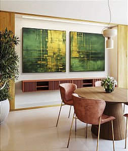 Duo de Quadros Quadrados Abstrato Verde Escuro Dourado Efeito Pintura Canvas Moldura