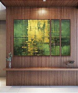 Trio de Quadros Estilizados Abstrato Verde Escuro Dourado Efeito Pintura Canvas Moldura