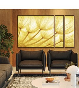 Trio de Quadros Estilizados Dente de Leão Planta Flor Reflexos do Sol Natureza Paisagem Canvas Moldura