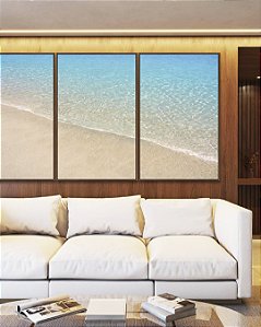 Trio de Quadros Praia Tropical Água Cristalina Calmaria Mar Azul Canvas Moldura