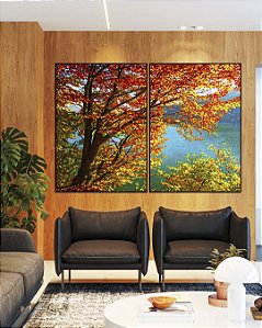 Duo de Quadros Árvore Folhas Vermelhas Mar Água Azul Turquesa Canvas Moldura