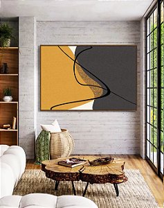 Quadro Horizontal Abstrato Minimalista Amarelo Cinza Contornos Canvas Moldura