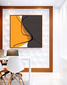 Quadro Quadrado Abstrato Minimalista Amarelo Cinza Contornos Canvas Moldura