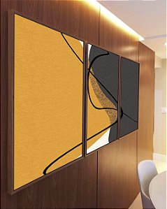Trio de Quadros Abstrato Minimalista Amarelo Cinza Contornos Canvas Moldura