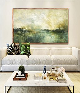 Quadro Horizontal Paisagem Abstrata Verde Dourado Luz Canvas Moldura