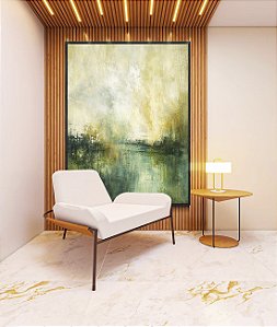 Quadro Vertical Paisagem Abstrata Verde Dourado Luz Canvas Moldura