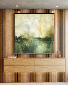 Quadro Quadrado Paisagem Abstrata Verde Dourado Luz Canvas Moldura