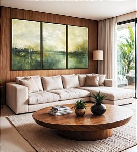 Trio de Quadros Paisagem Abstrata Verde Dourado Luz Canvas Moldura