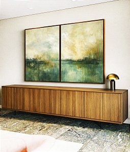Duo de Quadros Paisagem Abstrata Verde Dourado Luz Canvas Moldura