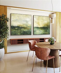 Duo de Quadros Quadrados Paisagem Abstrata Verde Dourado Luz Canvas Moldura