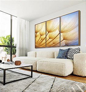 Trio de Quadros Planta Dente-de-leão Azul Luzes Flor Canvas Moldura