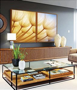 Duo de Quadros Planta Dente-de-leão Azul Luzes Flor Canvas Moldura
