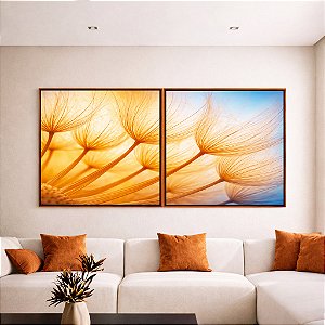 Duo de Quadros Quadrados Planta Dente-de-leão Azul Luzes Flor Canvas Moldura