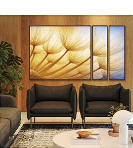 Trio de Quadros Estilizados Planta Dente-de-leão Azul Luzes Flor Canvas Moldura