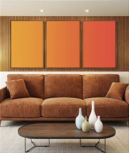 Trio de Quadros Abstrato Degradê Coral Laranja Tangerina Canvas Moldura