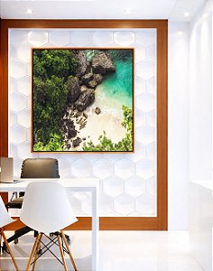 Quadro Quadrado Mar Turquesa em Praia Pedras Floresta Natureza Paisagem Canvas Moldura