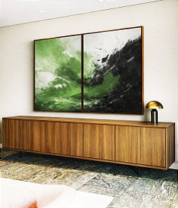 Duo de Quadros Abstrato Verde Preto Branco Efeito Pintura Canvas Moldura