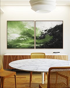 Duo de Quadros Quadrados Abstrato Verde Preto Branco Efeito Pintura Canvas Moldura