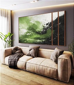 Trio de Quadros Estilizados Abstrato Verde Preto Branco Efeito Pintura Canvas Moldura