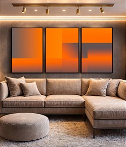 Trio de Quadros Abstrato Degradê Geométrico Cinza Laranja Canvas Moldura