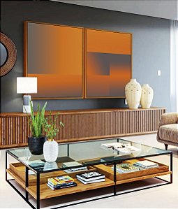 Duo de Quadros Abstrato Degradê Geométrico Cinza Laranja Canvas Moldura